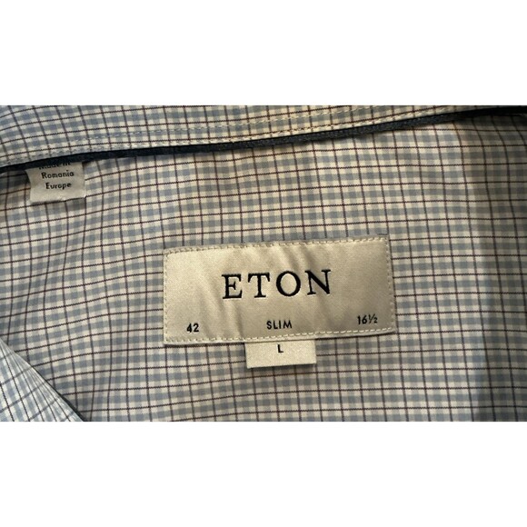 Eton‎ Dress Shirt Slim Blue Long Sleeve Button Up Micro Check Preppy Mens Large - Picture 10 of 12